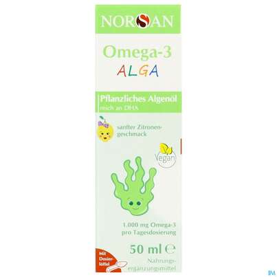 Sie sehen eine Packung Omega -3 Norsan Oel/alga F Kinder Zitrone 50ml, Produktbild: 01 Omega -3 Norsan Oel/alga F Kinder Zitrone 50ml, A-Nr.: 5825969 - 01