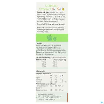 Sie sehen eine Packung Omega -3 Norsan Oel/alga F Kinder Zitrone 50ml, Produktbild: 07 Omega -3 Norsan Oel/alga F Kinder Zitrone 50ml, A-Nr.: 5825969 - 07