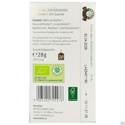 Sie sehen eine Packung Dr.Kottas Tee Jubilaeumstee 20st, Produktbild: 03 Dr.Kottas Tee Jubilaeumstee 20st, A-Nr.: 5940280 - 03