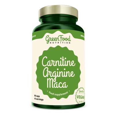 Sie sehen eine Packung GreenFood Nutrition Carnitin + Arginin + Maca 90 Kapseln, Produktbild: 01 GreenFood Nutrition Carnitin + Arginin + Maca 90 Kapseln, A-Nr.: 5634057 - 01