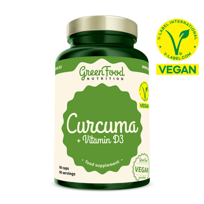 Sie sehen eine Packung GreenFood Nutrition Curcuma + Vitamin D3 90 Kapseln, Produktbild: 01 GreenFood Nutrition Curcuma + Vitamin D3 90 Kapseln, A-Nr.: 5634353 - 01
