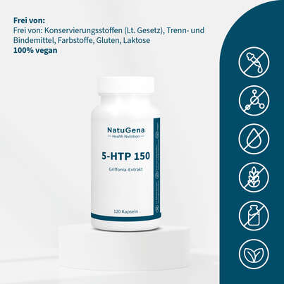 Sie sehen eine Packung NatuGena 5-HTP 150 Kapseln, Produktbild: 03 NatuGena 5-HTP 150 Kapseln, A-Nr.: 5699051 - 03