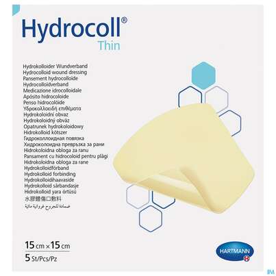 Sie sehen eine Packung Wundverband Hydrocoll Thin 15x 15cm 5st, Produktbild: 01 Wundverband Hydrocoll Thin 15x 15cm 5st, A-Nr.: 2219429 - 01