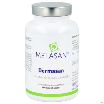 Sie sehen eine Packung Nachtkerzenoel Kapseln Melasan Dermasan +vitamin E 10mg 180st, Produktbild: 02 Nachtkerzenoel Kapseln Melasan Dermasan +vitamin E 10mg 180st, A-Nr.: 2024074 - 02