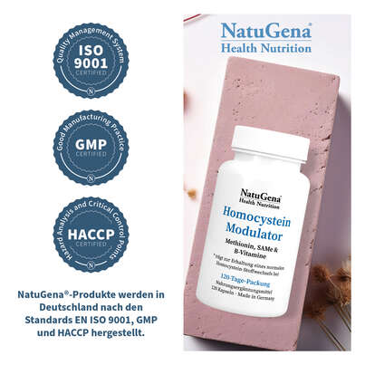 Sie sehen eine Packung NatuGena Homocystein Modulator Kapseln, Produktbild: 06 NatuGena Homocystein Modulator Kapseln, A-Nr.: 5926819 - 06