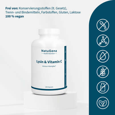 Sie sehen eine Packung NatuGena Lysin & Vitamin C Kapseln, Produktbild: 03 NatuGena Lysin & Vitamin C Kapseln, A-Nr.: 5989895 - 03