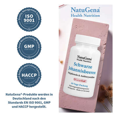 Sie sehen eine Packung NatuGena Schwarze Johannisbeeren Kapseln, Produktbild: 06 NatuGena Schwarze Johannisbeeren Kapseln, A-Nr.: 5989777 - 06