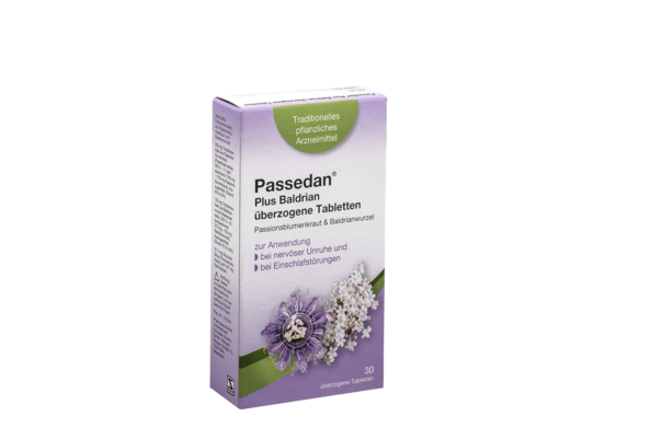 Sie sehen eine Packung Passedan® Plus Baldrian überzogene Tabletten, Produktbild: 01 Passedan® Plus Baldrian überzogene Tabletten, A-Nr.: 6052452 - 01