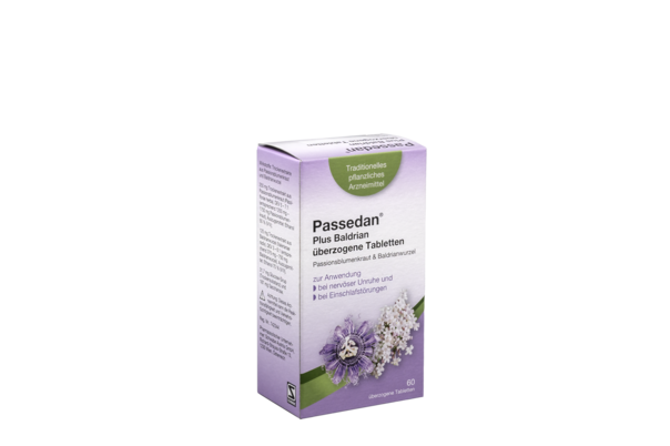 Sie sehen eine Packung Passedan® Plus Baldrian überzogene Tabletten, Produktbild: 01 Passedan® Plus Baldrian überzogene Tabletten, A-Nr.: 6052469 - 01