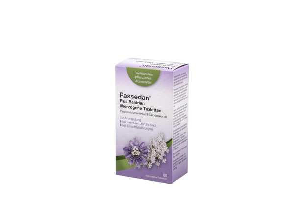 Sie sehen eine Packung Passedan® Plus Baldrian überzogene Tabletten, Produktbild: 02 Passedan® Plus Baldrian überzogene Tabletten, A-Nr.: 6052469 - 02