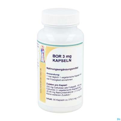 Sie sehen eine Packung Bor Kapseln 3mg Reinhildis 90st, Produktbild: 01 Bor Kapseln 3mg Reinhildis 90st, A-Nr.: 5812493 - 01