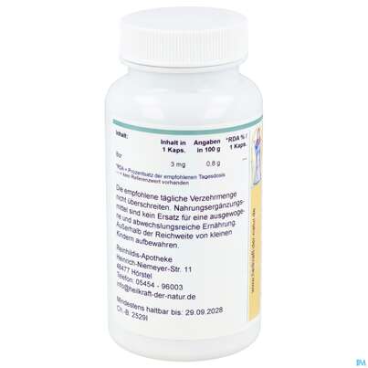 Sie sehen eine Packung Bor Kapseln 3mg Reinhildis 90st, Produktbild: 03 Bor Kapseln 3mg Reinhildis 90st, A-Nr.: 5812493 - 03