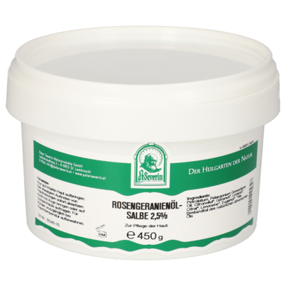 Sie sehen eine Packung ROSENGERANIENÖLSALBE 2,5% 450 G, Produktbild: 01 ROSENGERANIENÖLSALBE 2,5% 450 G, A-Nr.: 5901676 - 01