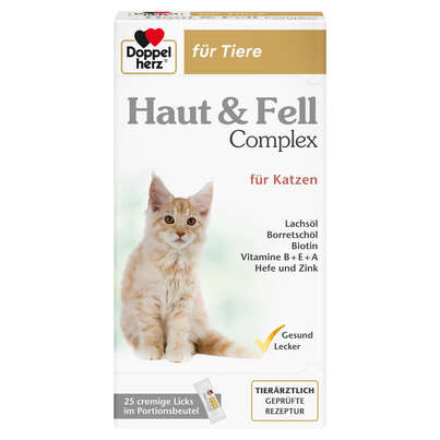 Sie sehen eine Packung Doppelherz für Tiere Haut & Fell Complex für Katzen - Cremige Licks, Produktbild: 01 Doppelherz für Tiere Haut & Fell Complex für Katzen - Cremige Licks, A-Nr.: 5678468 - 01
