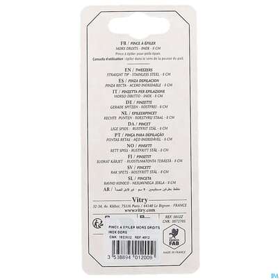 Sie sehen eine Packung Vitry Zupfpinzette „prestige“ Rostfreier Edelstahl Gerade 1pc, Produktbild: 07 Vitry Zupfpinzette „prestige“ Rostfreier Edelstahl Gerade 1pc, A-Nr.: 4633707 - 07