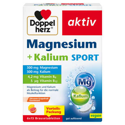 Sie sehen eine Packung Doppelherz Magnesium + Kalium Brausetabletten Sport, Produktbild: 01 Doppelherz Magnesium + Kalium Brausetabletten Sport, A-Nr.: 5886161 - 01