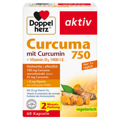 Sie sehen eine Packung Doppelherz Curcuma 750 mit Curcumin + Vitamin D3 1000 I.E., Produktbild: 01 Doppelherz Curcuma 750 mit Curcumin + Vitamin D3 1000 I.E., A-Nr.: 5677948 - 01