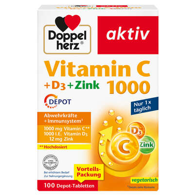 Sie sehen eine Packung Doppelherz Vitamin C 1000 + D3 + Zink DEPOT, Produktbild: 01 Doppelherz Vitamin C 1000 + D3 + Zink DEPOT, A-Nr.: 5733173 - 01