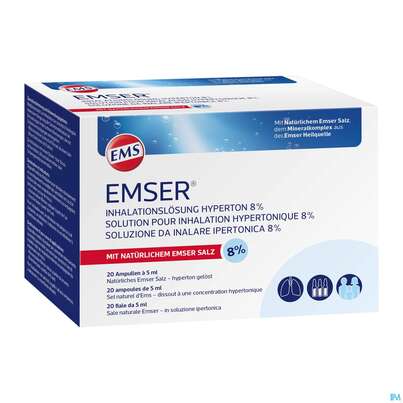Sie sehen eine Packung Emser Inhalationslösung Hypertone Lösung 8% 20st, Produktbild: 02 Emser Inhalationslösung Hypertone Lösung 8% 20st, A-Nr.: 5428145 - 02
