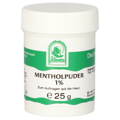 Sie sehen eine Packung MENTHOLPUDER 1% 25 G, Produktbild: 01 MENTHOLPUDER 1% 25 G, A-Nr.: 4946665 - 01