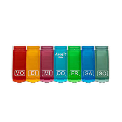 Sie sehen eine Packung APOfit Wochendispenser 1 Dosierer Box bunt Fachteiler, Produktbild: 01 APOfit Wochendispenser 1 Dosierer Box bunt Fachteiler, A-Nr.: 6103468 - 01