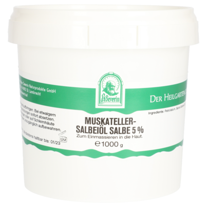 Sie sehen eine Packung MUSKATELLERSALBEIÖL SALBE 5% 1000 G, Produktbild: 01 MUSKATELLERSALBEIÖL SALBE 5% 1000 G, A-Nr.: 5802359 - 01