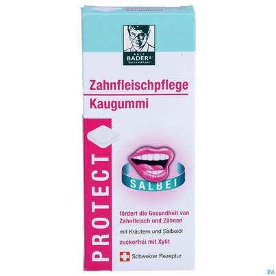 Sie sehen eine Packung Baders Protect Zahnfleischpflege Kaugummi Cur 20st, Produktbild: 01 Baders Protect Zahnfleischpflege Kaugummi Cur 20st, A-Nr.: 4111541 - 01
