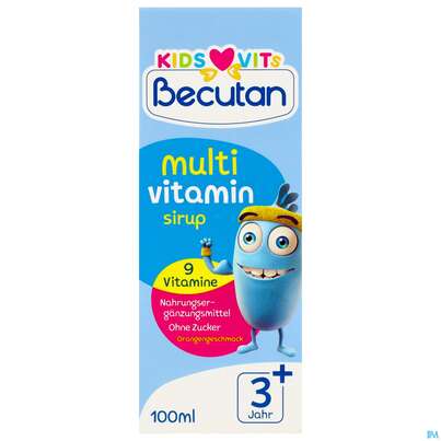 Sie sehen eine Packung Becutan Kids Vits Multivitamin Sirup 100ml, Produktbild: 01 Becutan Kids Vits Multivitamin Sirup 100ml, A-Nr.: 5973256 - 01