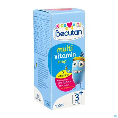 Sie sehen eine Packung Becutan Kids Vits Multivitamin Sirup 100ml, Produktbild: 02 Becutan Kids Vits Multivitamin Sirup 100ml, A-Nr.: 5973256 - 02