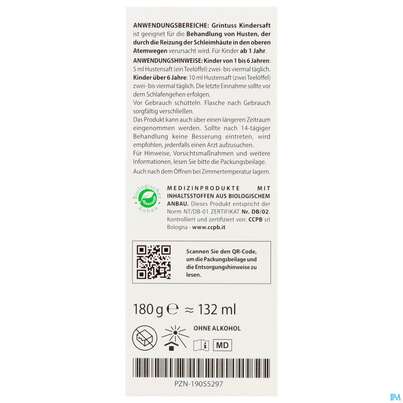 Sie sehen eine Packung Hustensaft Aboca Grintuss Kinder Ab 1jahr 180g, Produktbild: 04 Hustensaft Aboca Grintuss Kinder Ab 1jahr 180g, A-Nr.: 5817510 - 04