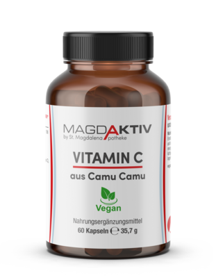 Sie sehen eine Packung Magdaktiv VITAMIN C - CAMU CAMU Kapseln, 60Stk., Produktbild: 01 Magdaktiv VITAMIN C - CAMU CAMU Kapseln, 60Stk., A-Nr.: 8050799 - 01