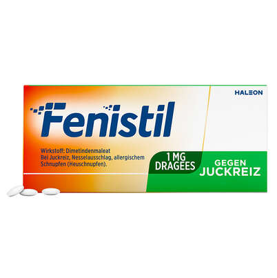 Sie sehen eine Packung Fenistil 1mg Dragees, Produktbild: 01 Fenistil 1mg Dragees, A-Nr.: 0021545 - 01