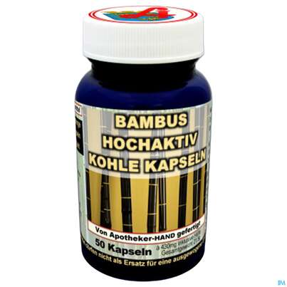 Sie sehen eine Packung Bambus Hochaktiv Kohle Kapseln 100% Bambus Kohlepulver Aktiviert 50st, Produktbild: 03 Bambus Hochaktiv Kohle Kapseln 100% Bambus Kohlepulver Aktiviert 50st, A-Nr.: 5066251 - 03