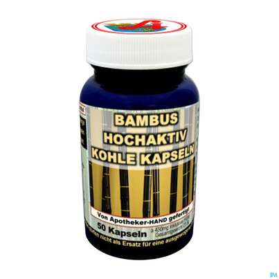 Sie sehen eine Packung Bambus Hochaktiv Kohle Kapseln 100% Bambus Kohlepulver Aktiviert 50st, Produktbild: 04 Bambus Hochaktiv Kohle Kapseln 100% Bambus Kohlepulver Aktiviert 50st, A-Nr.: 5066251 - 04