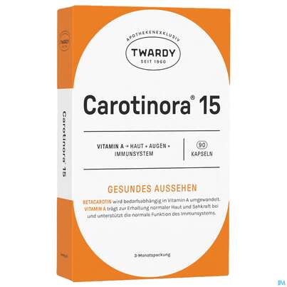 Sie sehen eine Packung Carotinora 15 Kapseln Twardy 90st, Produktbild: 02 Carotinora 15 Kapseln Twardy 90st, A-Nr.: 4495441 - 02