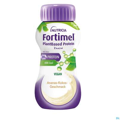 Sie sehen eine Packung Fortimel/plantbased/protein 200ml Flasche Ananas-kokos 24st, Produktbild: 01 Fortimel/plantbased/protein 200ml Flasche Ananas-kokos 24st, A-Nr.: 5919593 - 01