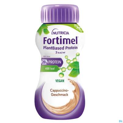 Sie sehen eine Packung Fortimel/plantbased/protein 200ml Flasche Cappuccino 24st, Produktbild: 01 Fortimel/plantbased/protein 200ml Flasche Cappuccino 24st, A-Nr.: 5919618 - 01