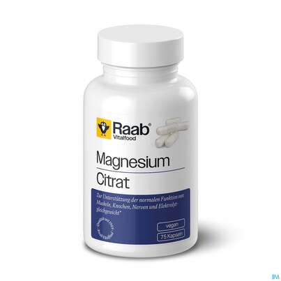 Sie sehen eine Packung Magnesium Citrat Kapseln Raab 75st, Produktbild: 01 Magnesium Citrat Kapseln Raab 75st, A-Nr.: 5996464 - 01