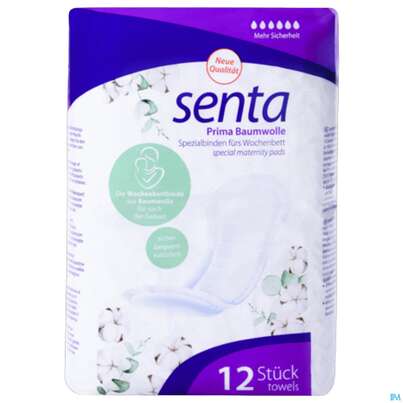 Sie sehen eine Packung Monatshygiene Binden Senta Prima Baumwolle 12st, Produktbild: 03 Monatshygiene Binden Senta Prima Baumwolle 12st, A-Nr.: 5959380 - 03