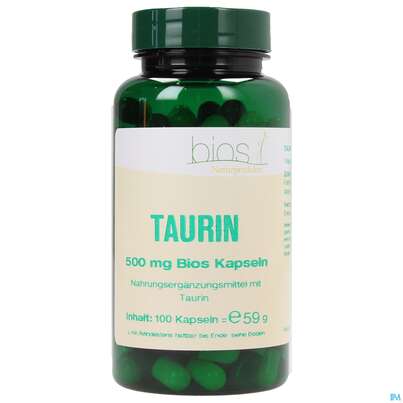Sie sehen eine Packung Bios Taurin 500mg 100 Kapseln, Produktbild: 01 Bios Taurin 500mg 100 Kapseln, A-Nr.: 3892275 - 01