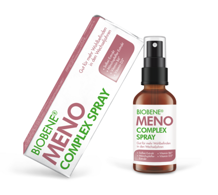 Sie sehen eine Packung BIOBENE® Meno Complex Spray, Produktbild: 01 BIOBENE® Meno Complex Spray, A-Nr.: 6011625 - 01