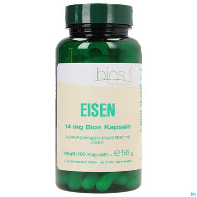 Sie sehen eine Packung Bios Eisen 14mg 100 Kapseln, Produktbild: 01 Bios Eisen 14mg 100 Kapseln, A-Nr.: 3891100 - 01