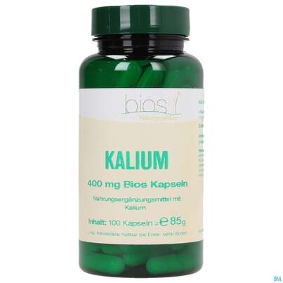 Sie sehen eine Packung Bios Kalium 400mg 100 Kapseln, Produktbild: 01 Bios Kalium 400mg 100 Kapseln, A-Nr.: 3891732 - 01