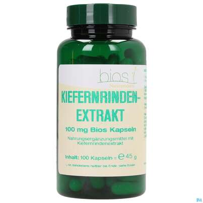 Sie sehen eine Packung Bios Kiefernrindenextrakt 100mg 100 Kapseln, Produktbild: 01 Bios Kiefernrindenextrakt 100mg 100 Kapseln, A-Nr.: 3891809 - 01