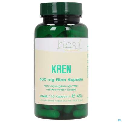 Sie sehen eine Packung Bios Kren 400mg 100 Kapseln, Produktbild: 01 Bios Kren 400mg 100 Kapseln, A-Nr.: 4034065 - 01
