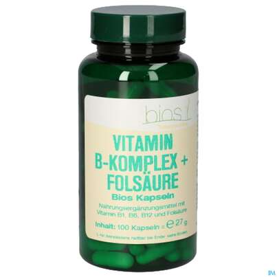 Sie sehen eine Packung Bios Vitamin B Komplex + Folsäure 100 Kapseln, Produktbild: 01 Bios Vitamin B Komplex + Folsäure 100 Kapseln, A-Nr.: 3893518 - 01