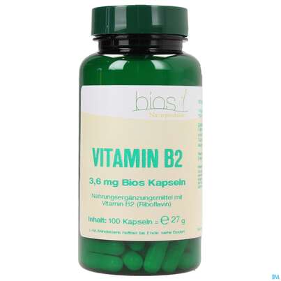 Sie sehen eine Packung Bios Vitamin B2 3,6mg 100 Kapseln, Produktbild: 01 Bios Vitamin B2 3,6mg 100 Kapseln, A-Nr.: 3893429 - 01