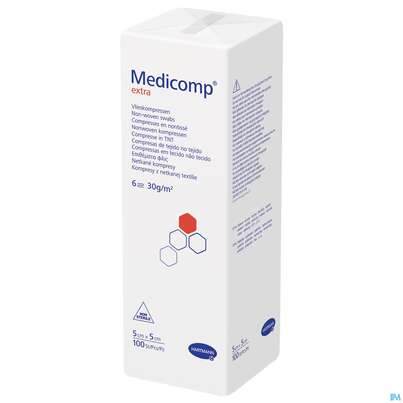 Sie sehen eine Packung Kompressen Medicomp/extra Vliesstoff 6fach Unsteril 5x 5cm 100st, Produktbild: 03 Kompressen Medicomp/extra Vliesstoff 6fach Unsteril 5x 5cm 100st, A-Nr.: 1652087 - 03