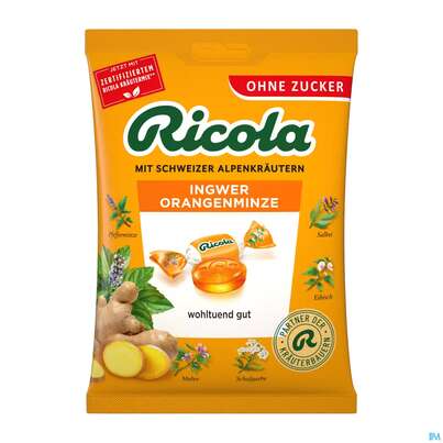 Sie sehen eine Packung Ricola Zuckerfrei Ingwer Orangenminze Beute 75g, Produktbild: 01 Ricola Zuckerfrei Ingwer Orangenminze Beute 75g, A-Nr.: 5627407 - 01