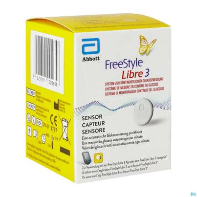 Sie sehen eine Packung Diagnostika U.zubehoer Freestyle/libre 3 Sensor Inkl.applikator Pq 72 1st, Produktbild: 02 Diagnostika U.zubehoer Freestyle/libre 3 Sensor Inkl.applikator Pq 72 1st, A-Nr.: 5817740 - 02
